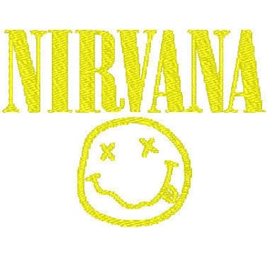 Op de afbeelding: Geel geborduurd logo met het woord "NIRVANA" en een gele smiley met gekruiste ogen.