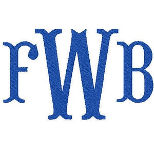 Puede incluir: Monograma azul con las letras FWB en una fuente serif.