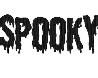 Może przedstawiać: Czarny, kroplący tekst, który brzmi "SPOOKY" w czcionce o tematyce Halloween.
