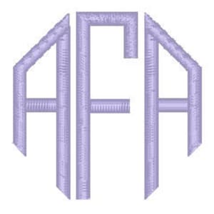 May include: A monogram with the letters "AFA" in a light purple color. The letters are in a bold, block font and are arranged in a circle.