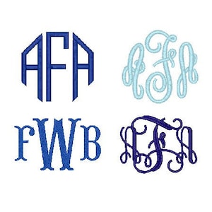 Monogram embroidery fonts 4 pack script circle block fishtail vine PES