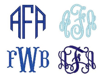 Monogram borduurwerk lettertypen 4 pack script cirkel blok fishtail vine PES
