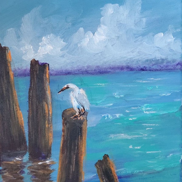 Old Florida Highwaymen STYLE Painting Egret on Old Fishing Piier