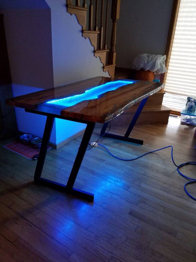 Maple and blue epoxy table with LED lighting Etsy