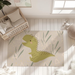 Dinosaurier T-Rex Teppich, Boho-Design, Neutrales Dekor, Boho Kinderzimmer Matte, Grün, Beige Teppich, Babyzimmer, Tierteppich, Spielzimmer