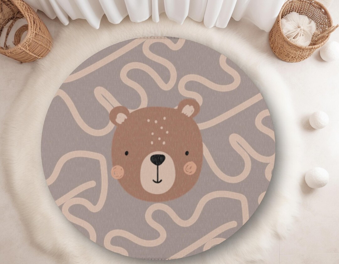 Bear Round Rug, Bohemian Nursery Playmat Kids Room Carpet, Baby Shower ...