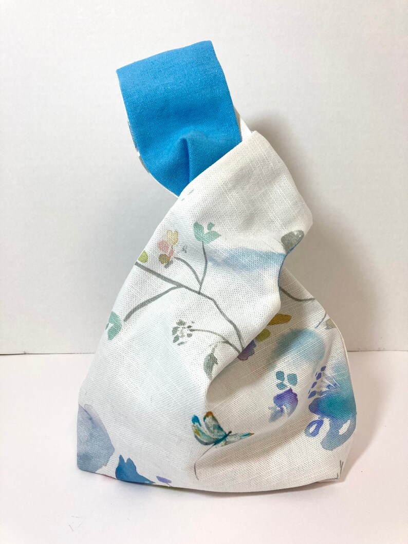 Watercolour Japanese knot bag handmade,blue,butterfly,lullaby,birds,flowers,gift for her