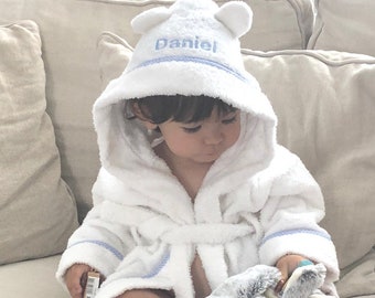 Baby Personalisierte Frottee Kapuze Weiß Blau Robe mit Ohren