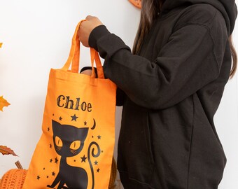 Bolsa personalizada para trucos o golosinas de Halloween, bolsa de regalo naranja, bolsa de mano, regalos felices de Halloween para niños, accesorios de Halloween para niños con gatos espeluznantes