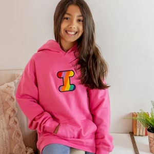 Kid&#39;s Personalised Rainbow Embroidered Initial Bright Pink Hoodie