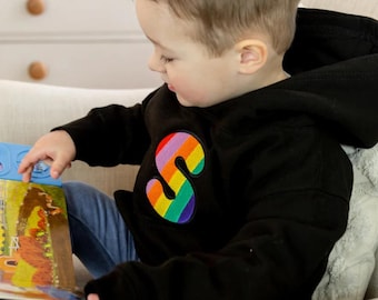 Kid's Personalised Rainbow Embroidered Initial Black Hoodie
