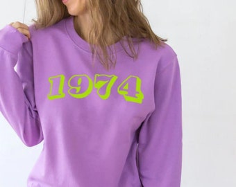 Sweat-shirt personnalisé néon brodé année de naissance lavande pour femme