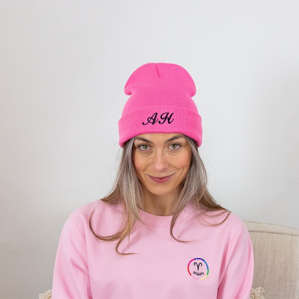 Women's Personalised Embroidered Initial Script Pink Beanie