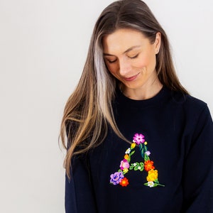 Women's Embroidered Personalised Floral Initial Letter Navy Sweatshirt image 1