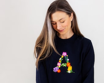 Women's Embroidered Personalised Floral Initial Letter Navy Sweatshirt