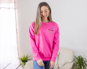 Roze sweatshirt met geborduurde gepersonaliseerde naam en bloemenletter voor dames