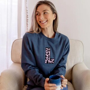 Women&#39;s Embroidered Personalised Animal Print Initial Blue Sweatshirt