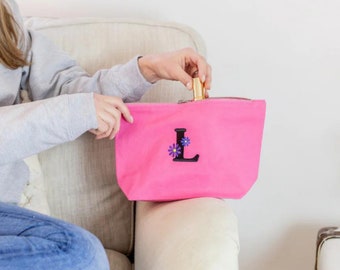 Women's Pink Personalised Pouch With Embroidered Floral Initial