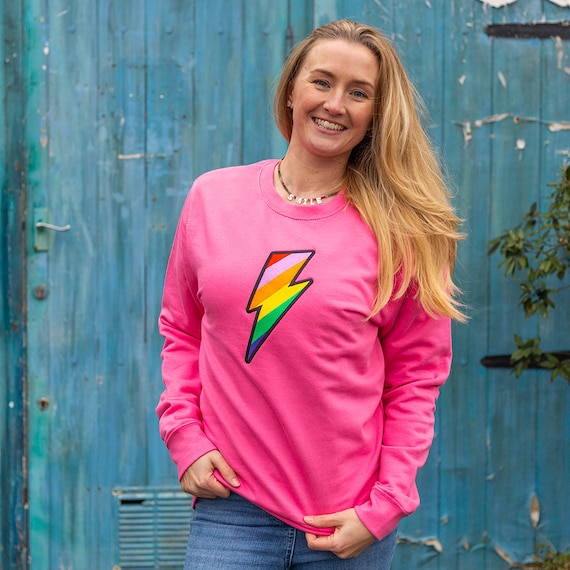 Women s Pink Rainbow Lightning Bolt Embroidered Sweatshirt