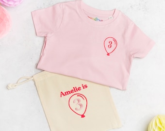 Girls Personalised Embroidered 1st 2nd Party T Shirt Top, Baby and Girls Birthday T shirt balloon design, Personalised gift bag, Baby gift