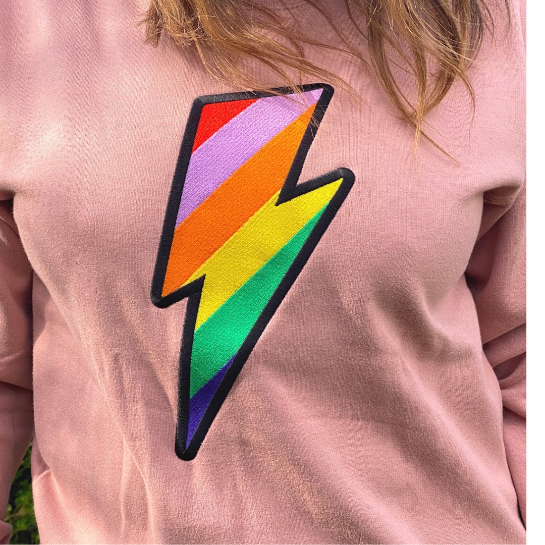 Women s Rainbow Embroidered Lightning Bolt Pink Sweatshirt Etsy