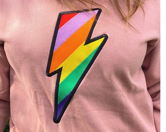 Women's Rainbow Embroidered Lightning Bolt Pink Sweatshirt
