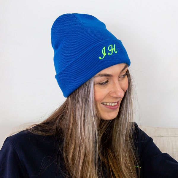 Women's Personalised Embroidered Neon Initial Script Blue Beanie