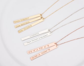 Custom Skinny Vertical Bar Necklace,Long Skinny Vertical Bar Necklace,Kids Name Necklace For Mom,Coordinates Necklace,Roman Numeral Necklace