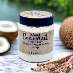 Island Coconut Whipped Sugar Scrub Hand & Body Scrub Foaming Sugar Scrub Natural and Gentle Exfoliating Scented Body Scrub and Cleanser image 1