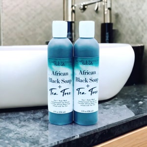 Tea Tree Oil Liquid African Black Soap, Natural Hair, Face and Body Wash; 100% Pure Raw African Soap Made with Carrier Oils