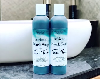 Tea Tree Oil Liquid African Black Soap, Natural Hair, Face and Body Wash; 100% Pure Raw African Soap Made with Carrier Oils
