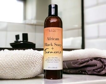 Turmeric Liquid African Black Soap, Natural Face and Body Wash; 100% Pure Raw African Soap Made with Turmeric Powders and Essential Oils