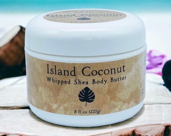 Island Coconut 2 Unze geschlagene Körperbutter; Dicke und cremige afrikanische Bio-Sheabutter, langanhaltende Feuchtigkeitscreme, vegan