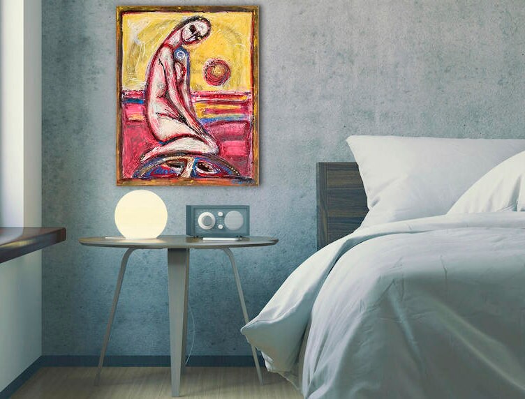 Chimera Fantastic Nude Woman art print on canvas Blush Pink yellow painting Fantasy Woman art print Erotic Bedroom art Relax wall art decor