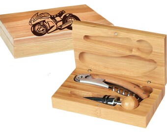 Personalized Bamboo Wine Tools Gift Set with your Choice of Motorcycle Design | Motorcycle Wine Tools
