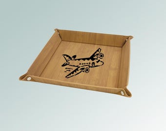 Engraved Leatherette Folding Airplane Catchall Tray with choice of Airplane Design | Airplane Valet Tray | 85+ Airplane Designs