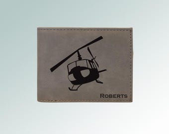 Engraved Leatherette Helicopter Wallet with your choice of Helicopter Design | Personalized Helicopter Gift | 50+ Helicopter Designs