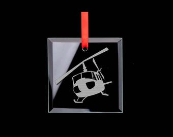 Engraved Square Glass Helicopter Ornament with your choice of Helicopter Design | 50+ Helicopter Designs