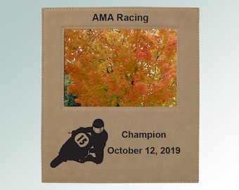 Large Engraving Area Leatherette Picture Frame with your choice of Motorcycle Design | 40+ Motorcycle Designs | Motorcycle Award