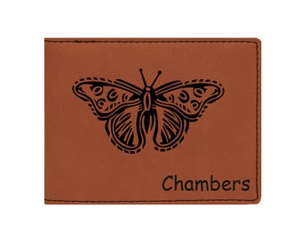 Engraved Leatherette Wallet with your choice of Butterfly Design | Butterfly Wallet | Butterfly Gift | Personalized Wallet