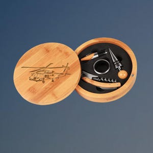Personalized Bamboo Helicopter Wine Tools Gift Set with your Choice of Helicopter Design | 50+ Helicopter Designs