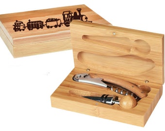 Personalized Bamboo Wine Tools Gift Set with your Choice of Train Design | Train Gift | Train Award | Train Conductor