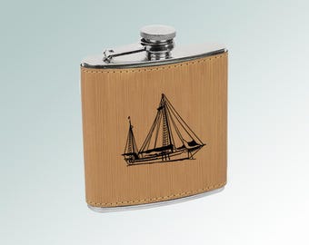 Leatherette Sailboat Flask with your choice of Sailboat Design | Personalized | 50+ Sailboat Designs