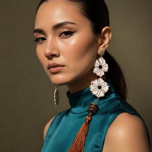 Puede incluir: Una mujer lleva pendientes largos y colgantes con diseños de flores blancas y una borla marrón. Los pendientes se combinan con un top de satén color turquesa. También se ve un pendiente plateado en forma de hoja.