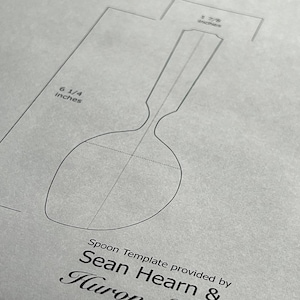 May include: A black and white line drawing of a spoon template on a gray background. The template is 6 1/4 inches long and 1 7/8 inches wide. The text "Spoon Template provided by Sean Hearn & Huron" is printed below the template.