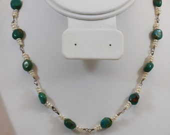 Silver Tone Turquoise Pearl Bead 17" Lobster Claw Clasp Necklace