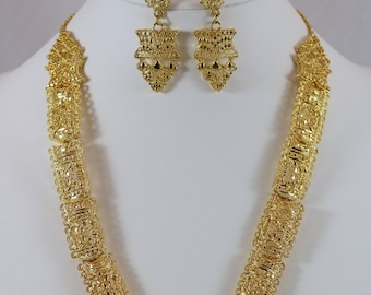 Gold Tone Filigree Exotic Ethnic Asian Eastern Indian Dangle Chunky Necklace Chandelier Earrings Parure Set