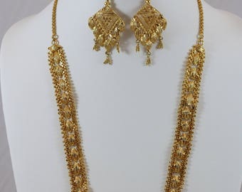 Gold Tone Filigree Exotic Ethnic Asian Eastern Indian Dangle Chunky Necklace Chandelier Earrings Tassel Parure Set