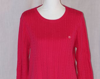 Vintage IZOD Pink Cable Knit Cotton Long Sleeve Crew Neck Pullover Sweater Size XL