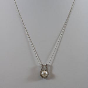 925 Sterling Silver Faux Pearl Rhinestone Pendant Lobster Claw Clasp 20&quot; Necklace 6g